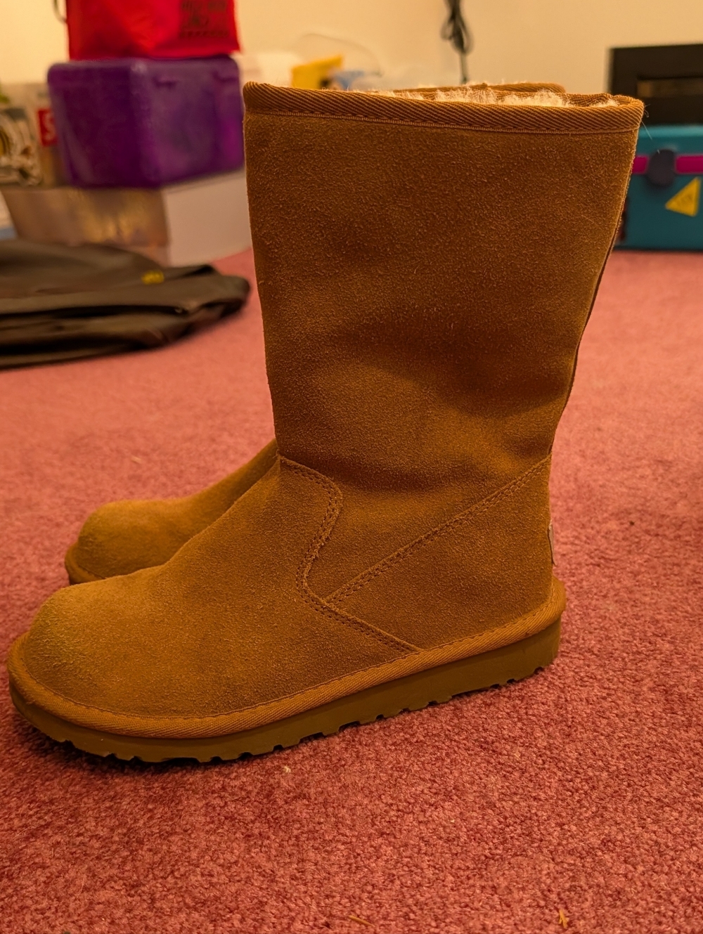 Youth Kids UGG Lil Sunshine Boots Brown Tan Suede Zippered Shearling Lined